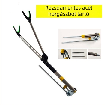 Rozsdamentes acélból készült horgászbot-tartó, talajba rögzíthető, többirányú forgatás, teleszkópos és összecsukható, kettős használatra