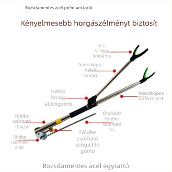 Rozsdamentes acélból készült horgászbot-tartó, talajba rögzíthető, többirányú forgatás, teleszkópos és összecsukható, kettős használatra