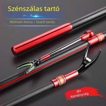 Szénszálas horgászbot-tartó állvány, állítható hosszúság 2,1–2,7 m, összecsukható és levehető, többirányú forgatás, horgászszék tartó