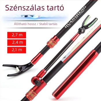 Szénszálas horgászbot-tartó állvány, állítható hosszúság 2,1–2,7 m, összecsukható és levehető, többirányú forgatás, horgászszék tartó