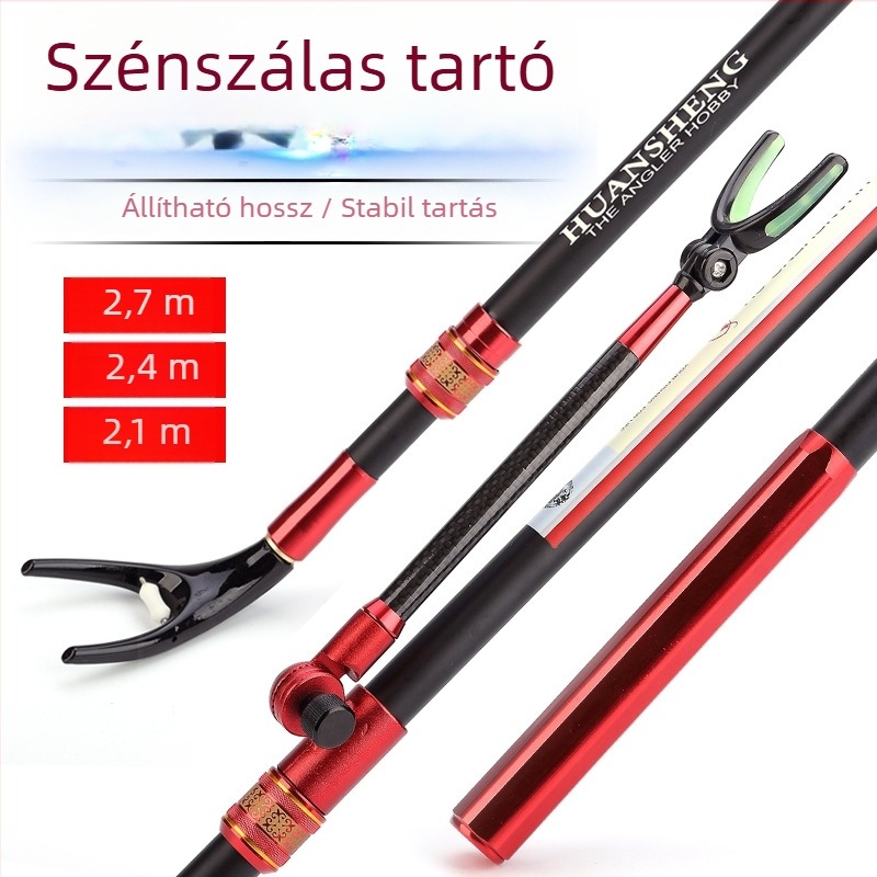 Szénszálas horgászbot-tartó állvány, állítható hosszúság 2,1–2,7 m, összecsukható és levehető, többirányú forgatás, horgászszék tartó