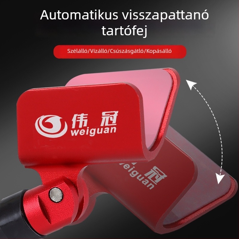 Univerzális alumíniumötvözetű tartófej automatikus visszatéréssel, többirányú forgatással, összecsukható; kompatibilis elülső villával és tartozék rögzítéséhez