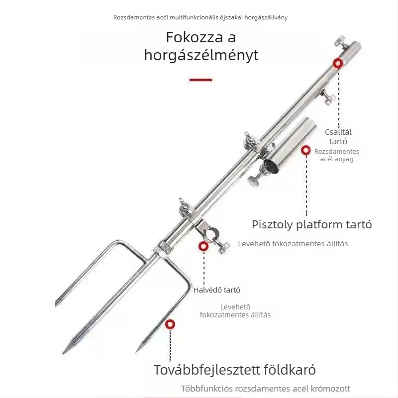 Rozsdamentes acélból készült három az egyben földi horgászállvány etetőtálcával és bot tartóval