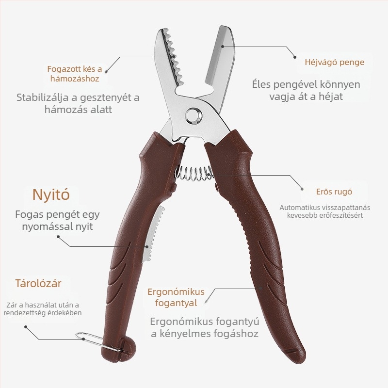 Gesztenyés kés és hámozó, rozsdamentes acélból, modern minimalista dizájn, 2020 nyarán megjelent