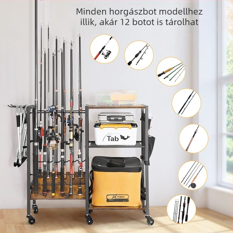 Áthelyezhető, nagy kapacitású horgászbot tároló állvány kültéri használatra, multifunkcionális