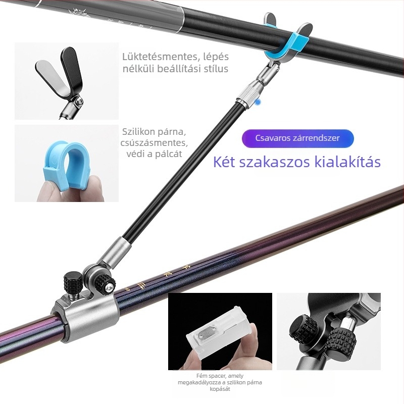 Szénszálas horgászbot tartó többirányú forgatással, összecsukható, hátsó rögzítéshez