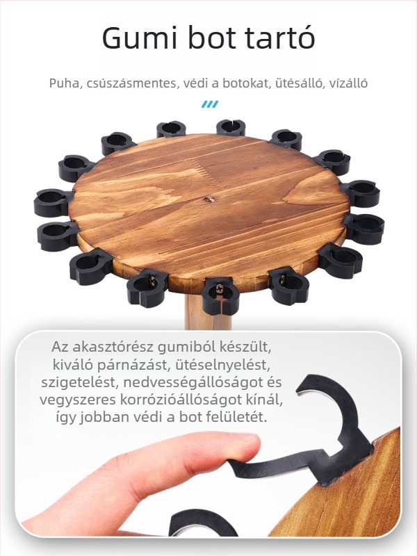 Model A horgászbot kiállító állvány, 15 lyukas fenyőfából készült tároló a horgászbotokhoz, gumírozott bot-tartó, vastított csúszásgátló