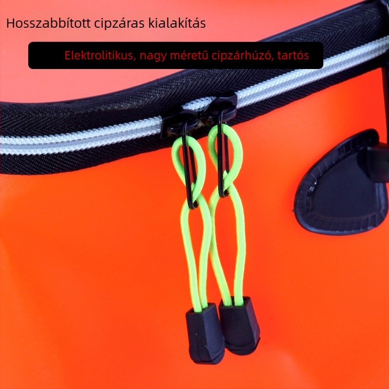 Horgászati felszerelés készlet: vízhez használt kád, élőhalas tartály, horgászdoboz és halvédő táska