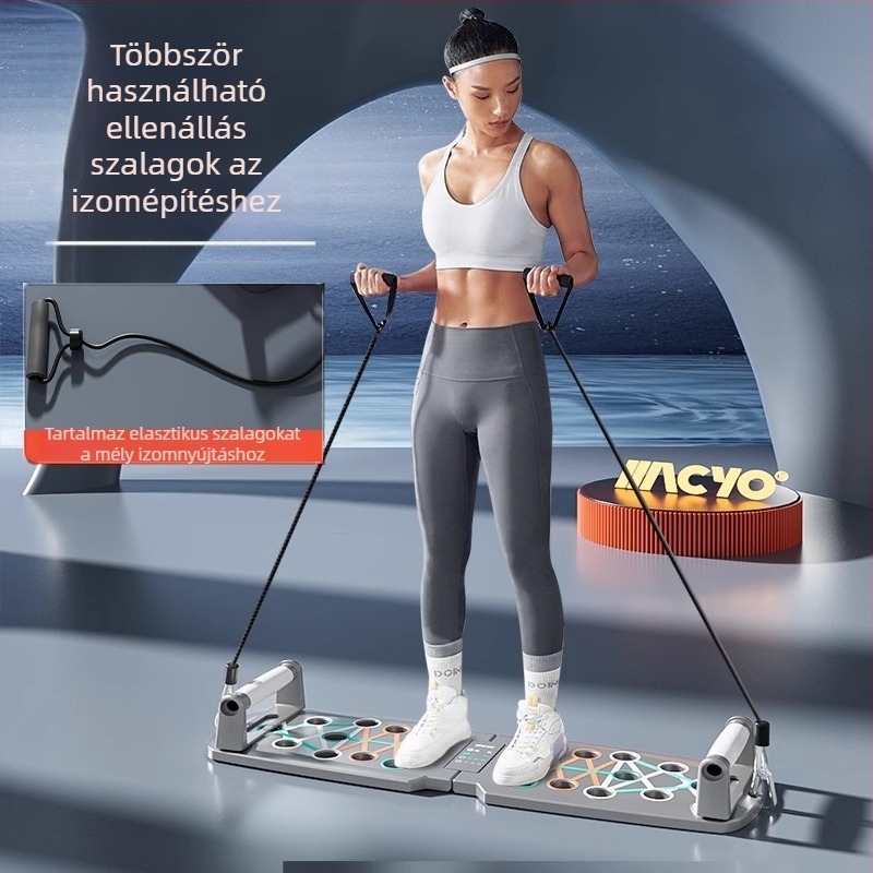 Fekvőtámasz állvány — Összecsukható, többfunkciós edzőlap, 64,5 cm hosszú tábla, fogantyú 17×3,5×9,5 cm, súly 0,8 kg