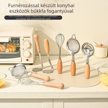304 rozsdamentes acélból készült pürésítő fa fogantyúval, konyhai szita és tojásfehérje szeparátor, modern minimál stílus