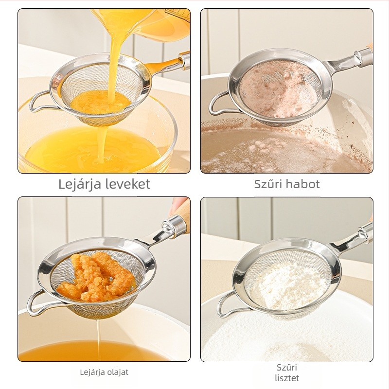 304 rozsdamentes acélból készült pürésítő fa fogantyúval, konyhai szita és tojásfehérje szeparátor, modern minimál stílus