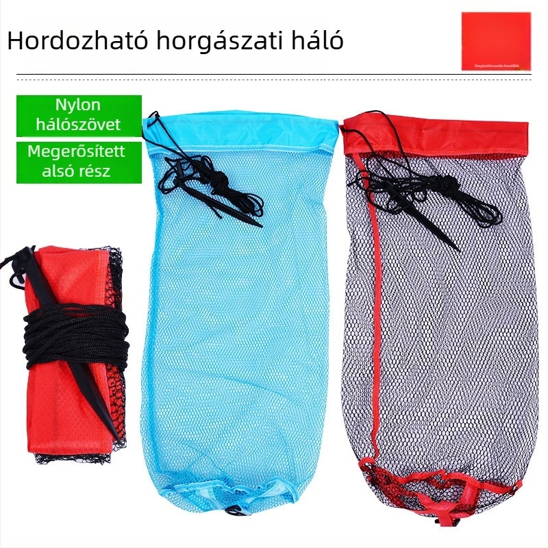 Gyorsan száradó nejlon halászháló összecsukható húzózsinórral, hordozható háló vadvízi horgászathoz földszögekkel