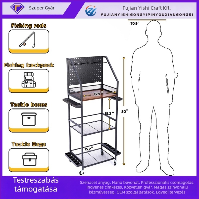 Horgászbot tároló állvány - fém, többszintes szervező, többirányú forgás, kettős használat
