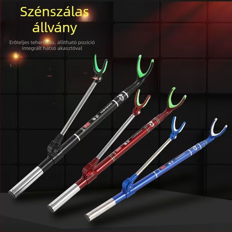 Szénszálas horgászbot-tartó teleszkópos beállítással, kettős használatra a horgászdobozhoz és a székre