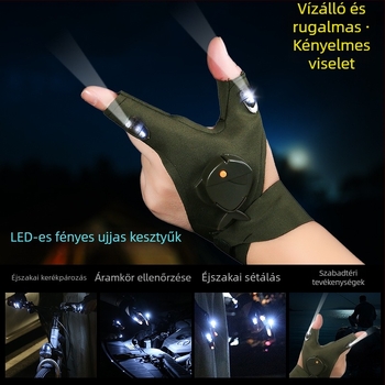 LED kesztyű zseblámpával és ujjakon világító LED-del éjszakai horgászathoz