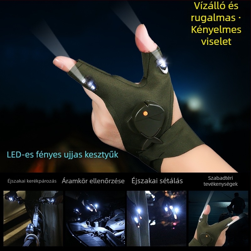 LED kesztyű zseblámpával és ujjakon világító LED-del éjszakai horgászathoz