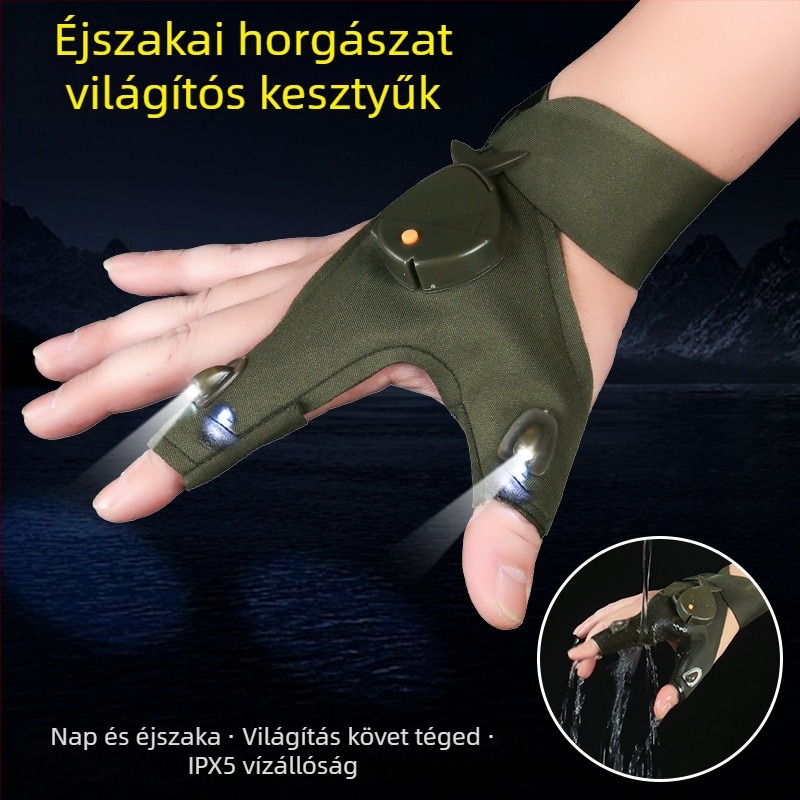 LED kesztyű zseblámpával és ujjakon világító LED-del éjszakai horgászathoz