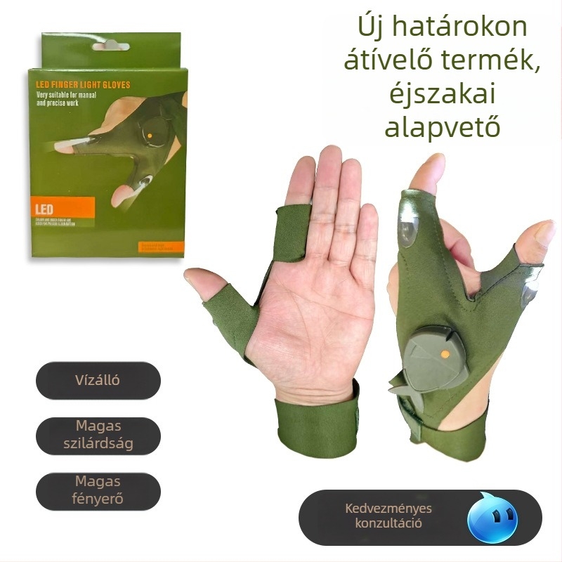 LED kesztyű zseblámpával és ujjakon világító LED-del éjszakai horgászathoz
