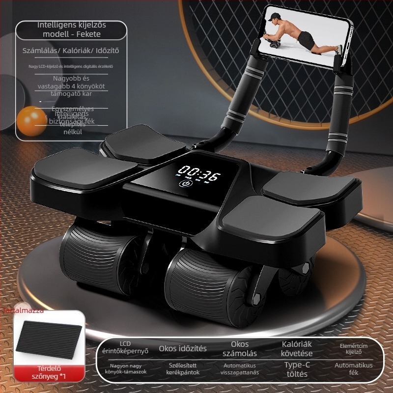 Négykerekű haskerék edző, digitális kijelző intelligens számlálással, automatikus visszatérés, 3 kg