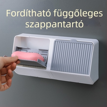 Műanyagból készült szappontartó fedéllel, függőleges kialakítású, fúrás nélküli falra szerelés, szívókoronggal, vízelvezető funkcióval