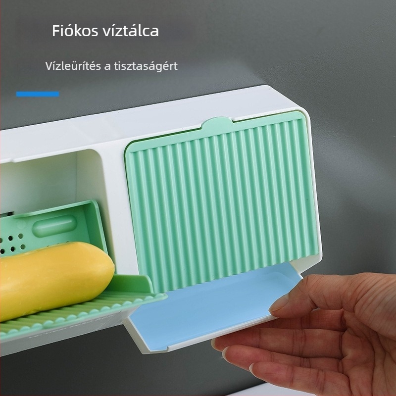 Műanyagból készült szappontartó fedéllel, függőleges kialakítású, fúrás nélküli falra szerelés, szívókoronggal, vízelvezető funkcióval