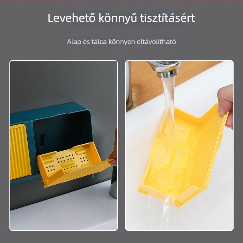 Műanyagból készült szappontartó fedéllel, függőleges kialakítású, fúrás nélküli falra szerelés, szívókoronggal, vízelvezető funkcióval