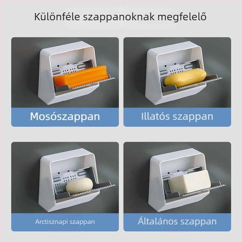 Műanyagból készült szappontartó fedéllel, függőleges kialakítású, fúrás nélküli falra szerelés, szívókoronggal, vízelvezető funkcióval