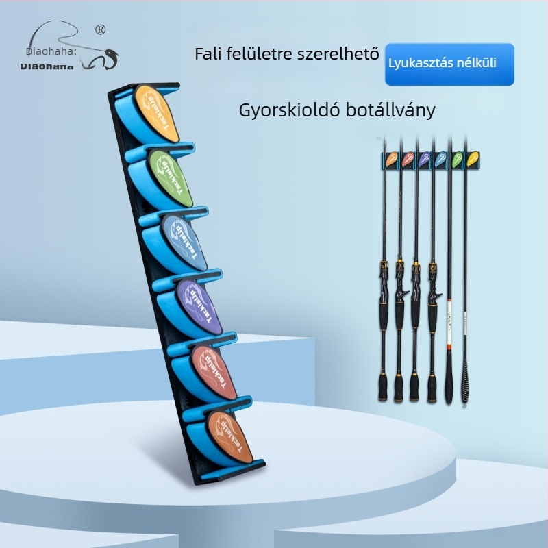 Horgászbotok falra szerelt kiállító polc, fúrás nélkül, botok tárolása