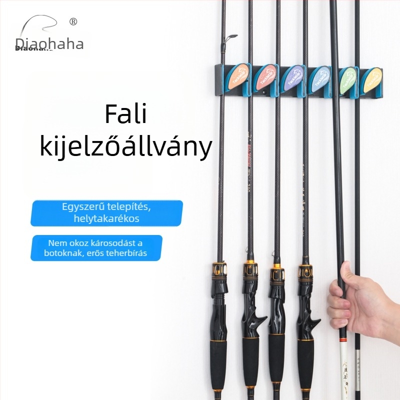 Horgászbotok falra szerelt kiállító polc, fúrás nélkül, botok tárolása