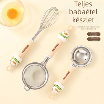 Rozsdamentes acélből készült sütőkészlet liszt-szitával, szűrővel, szűrőhálóval, tojásfelverővel és tojásfehérje szeparálóval; logó nyomtatás elérhető; ajándékhoz ideális; kézi működtetésű