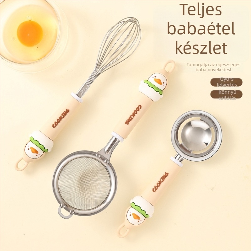 Rozsdamentes acélből készült sütőkészlet liszt-szitával, szűrővel, szűrőhálóval, tojásfelverővel és tojásfehérje szeparálóval; logó nyomtatás elérhető; ajándékhoz ideális; kézi működtetésű