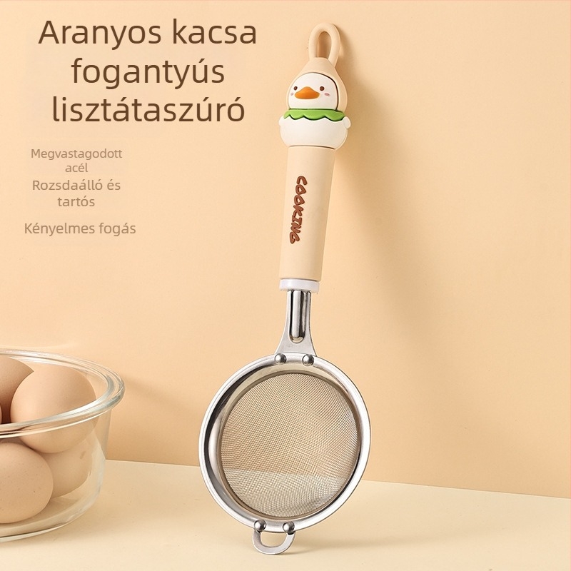 Rozsdamentes acélből készült sütőkészlet liszt-szitával, szűrővel, szűrőhálóval, tojásfelverővel és tojásfehérje szeparálóval; logó nyomtatás elérhető; ajándékhoz ideális; kézi működtetésű