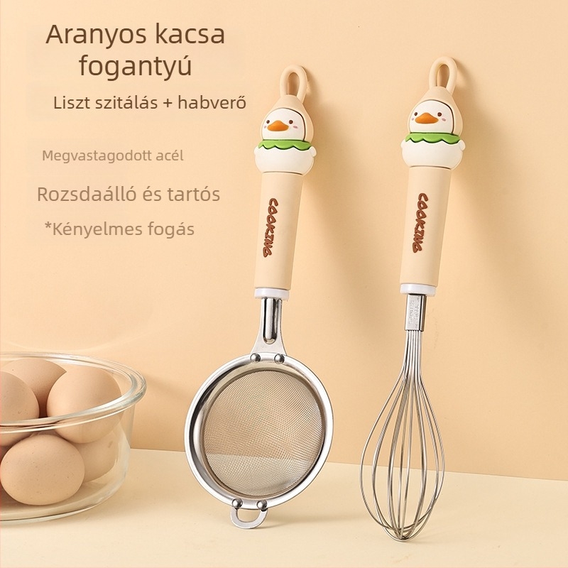Rozsdamentes acélből készült sütőkészlet liszt-szitával, szűrővel, szűrőhálóval, tojásfelverővel és tojásfehérje szeparálóval; logó nyomtatás elérhető; ajándékhoz ideális; kézi működtetésű