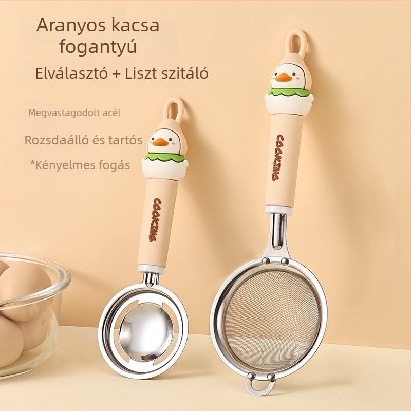 Rozsdamentes acélből készült sütőkészlet liszt-szitával, szűrővel, szűrőhálóval, tojásfelverővel és tojásfehérje szeparálóval; logó nyomtatás elérhető; ajándékhoz ideális; kézi működtetésű
