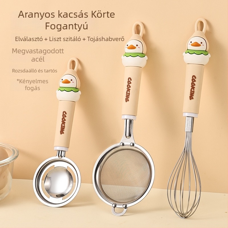 Rozsdamentes acélből készült sütőkészlet liszt-szitával, szűrővel, szűrőhálóval, tojásfelverővel és tojásfehérje szeparálóval; logó nyomtatás elérhető; ajándékhoz ideális; kézi működtetésű