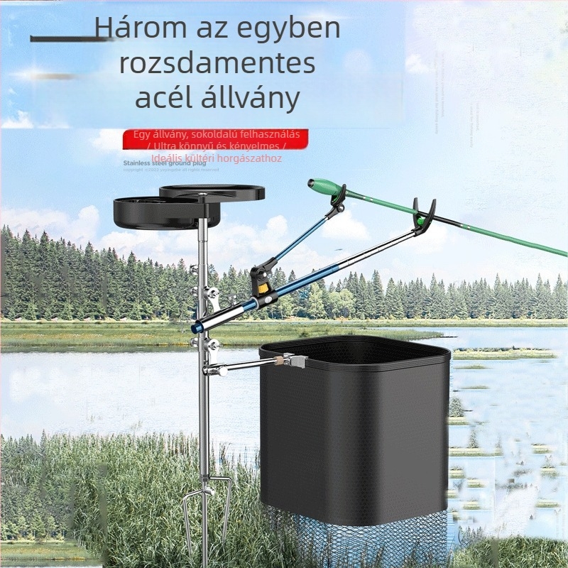 Három az egyben horgászállvány talajdugóval, tömör fa konstrukció, nem forog, nem hajtogatható