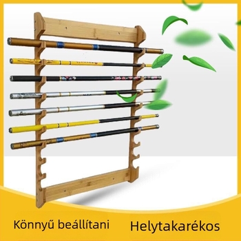 Tízrekeszes falra szerelhető fa bemutatóállvány horgász felszereléshez, bot tartóval