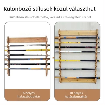 Tízrekeszes falra szerelhető fa bemutatóállvány horgász felszereléshez, bot tartóval