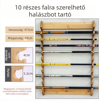 Tízrekeszes falra szerelhető fa bemutatóállvány horgász felszereléshez, bot tartóval
