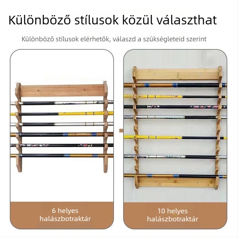 Tízrekeszes falra szerelhető fa bemutatóállvány horgász felszereléshez, bot tartóval