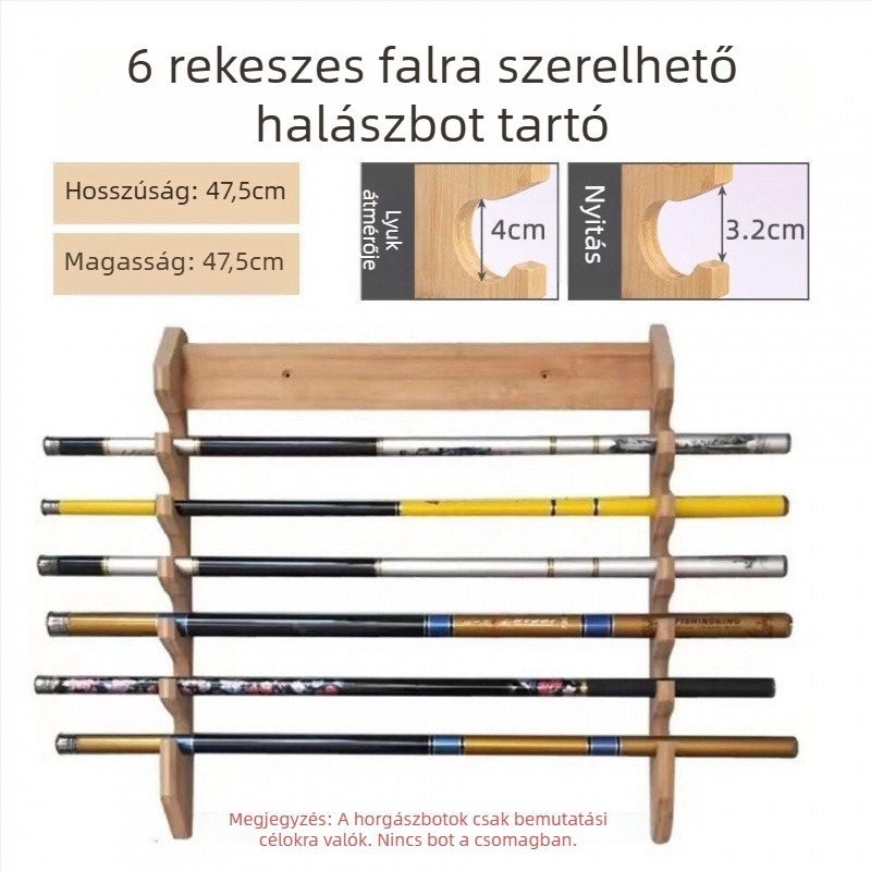Tízrekeszes falra szerelhető fa bemutatóállvány horgász felszereléshez, bot tartóval