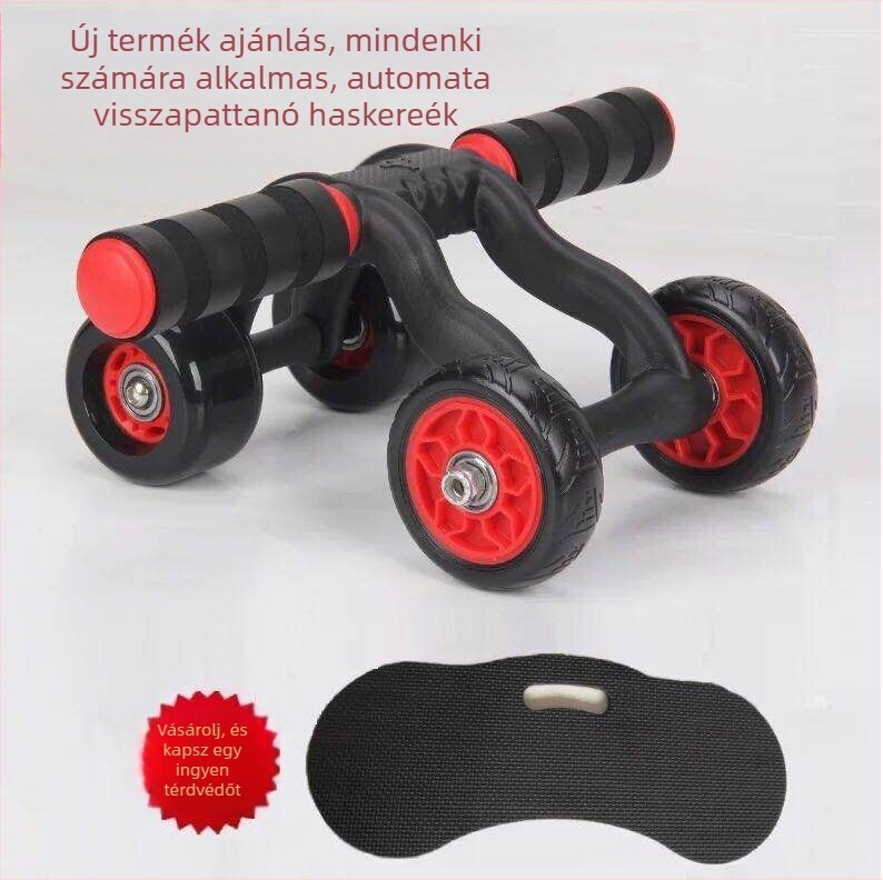 Négykerekű hasizom görgő, automatikus visszapattanás, csendes működés, nem összecsukható, súly 1,6 kg