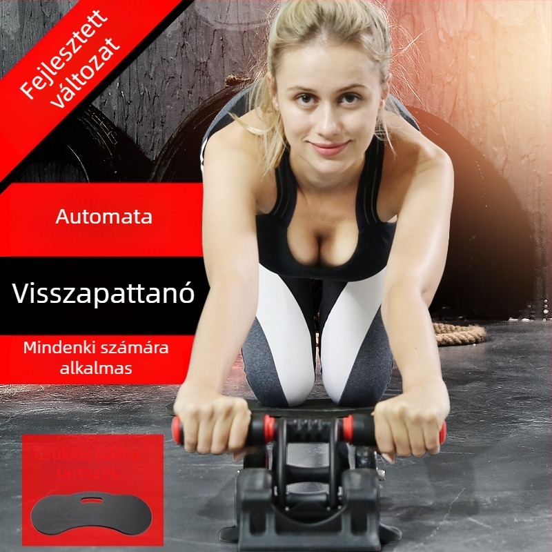 Négykerekű hasizom görgő, automatikus visszapattanás, csendes működés, nem összecsukható, súly 1,6 kg