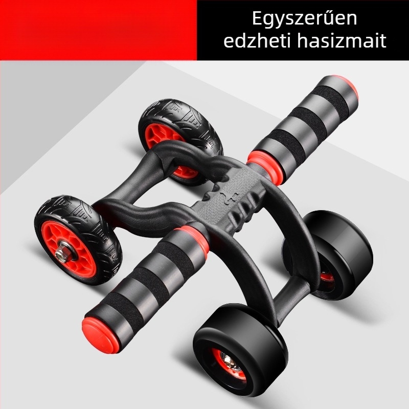 Négykerekű hasizom görgő, automatikus visszapattanás, csendes működés, nem összecsukható, súly 1,6 kg