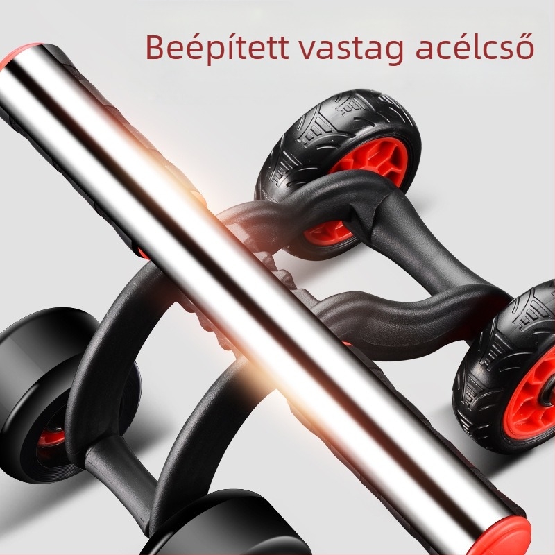 Négykerekű hasizom görgő, automatikus visszapattanás, csendes működés, nem összecsukható, súly 1,6 kg
