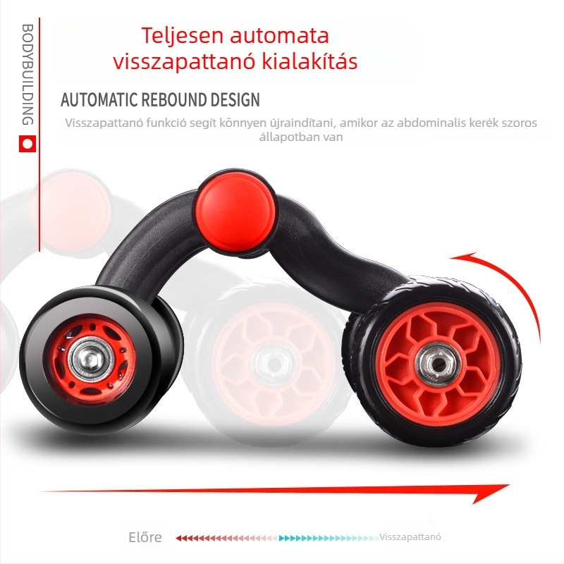 Négykerekű hasizom görgő, automatikus visszapattanás, csendes működés, nem összecsukható, súly 1,6 kg