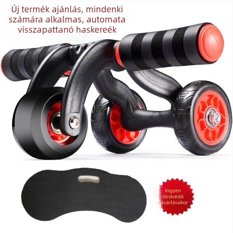 Négykerekű hasizom görgő, automatikus visszapattanás, csendes működés, nem összecsukható, súly 1,6 kg