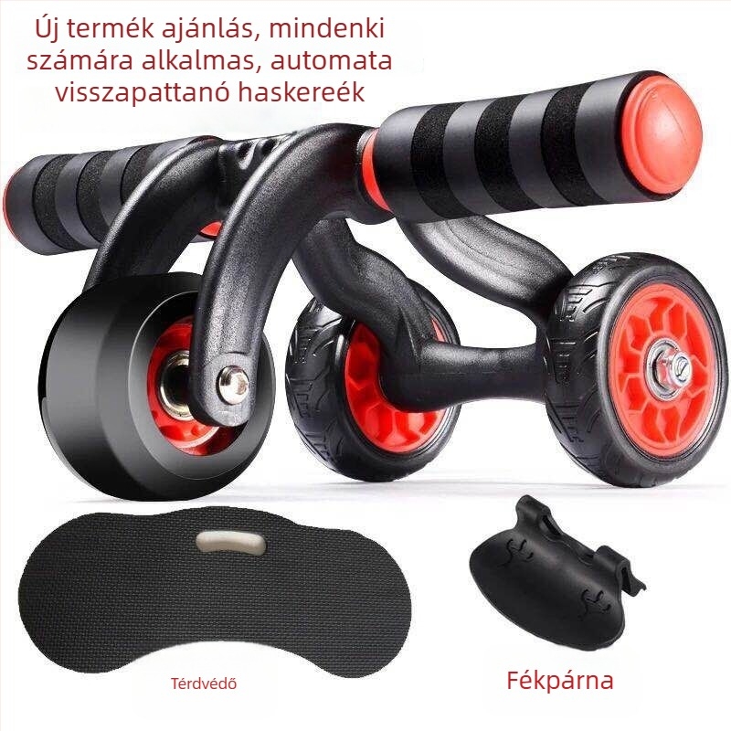 Négykerekű hasizom görgő, automatikus visszapattanás, csendes működés, nem összecsukható, súly 1,6 kg