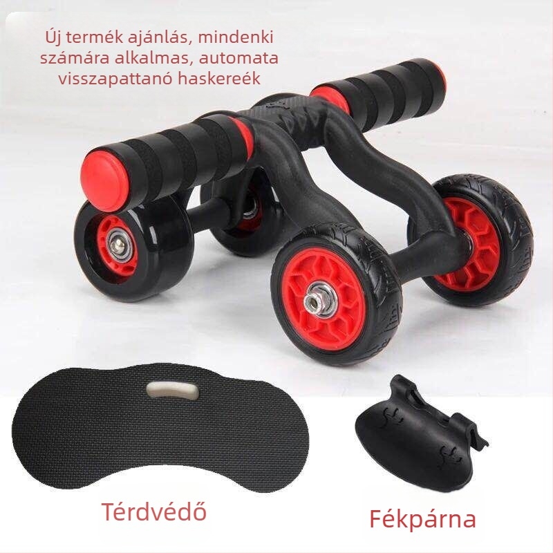Négykerekű hasizom görgő, automatikus visszapattanás, csendes működés, nem összecsukható, súly 1,6 kg