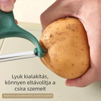 Rozsdamentes acélból készült, többfunkciós gyümölcs- és zöldséghámozó késsel, hámozóval és szeletelővel – kompakt konyhai eszköz otthoni használatra